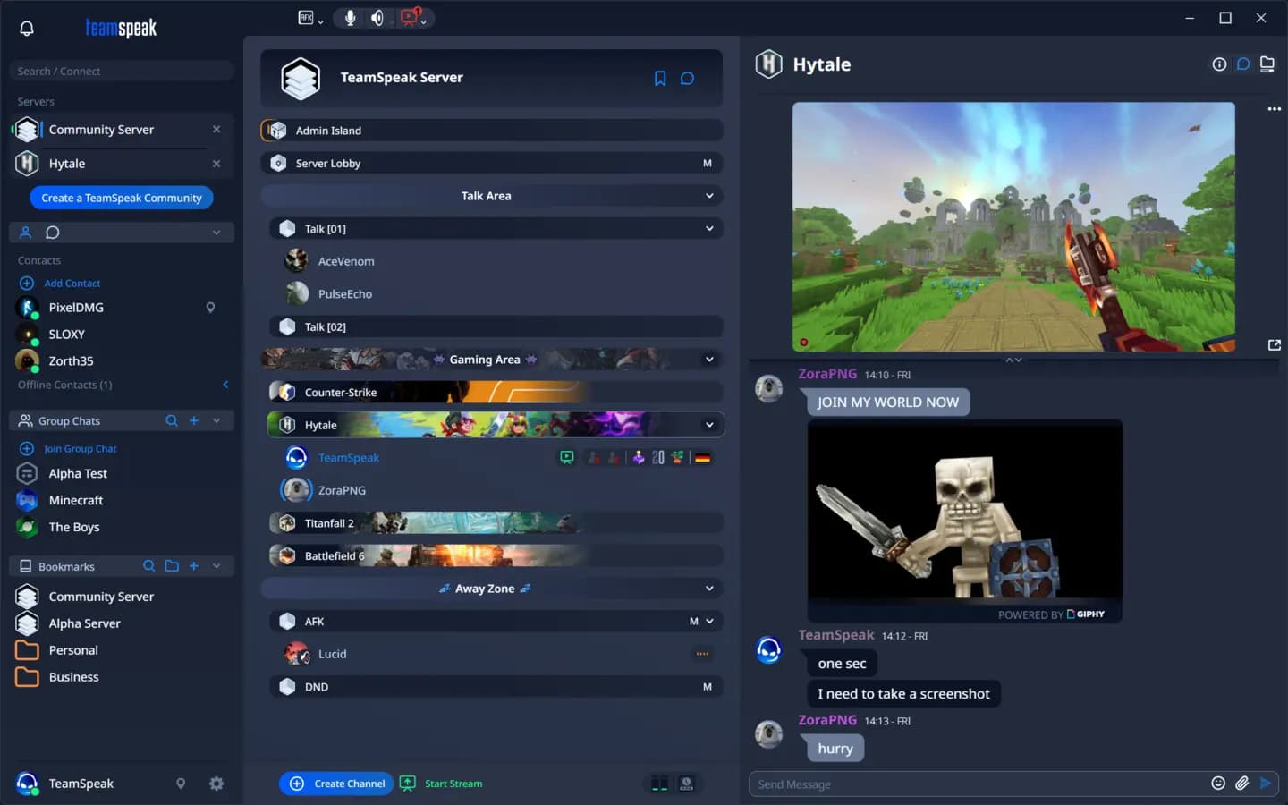 The TeamSpeak client, showing a server's channel list, a chat panel and a connected member list